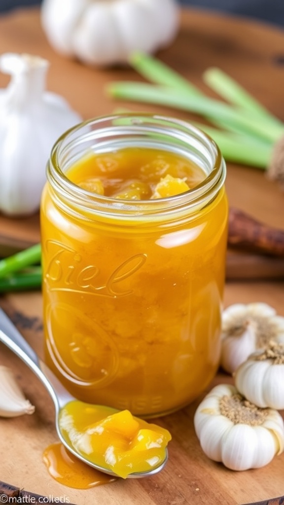 A jar of garlic jam with garlic cloves on a wooden board.